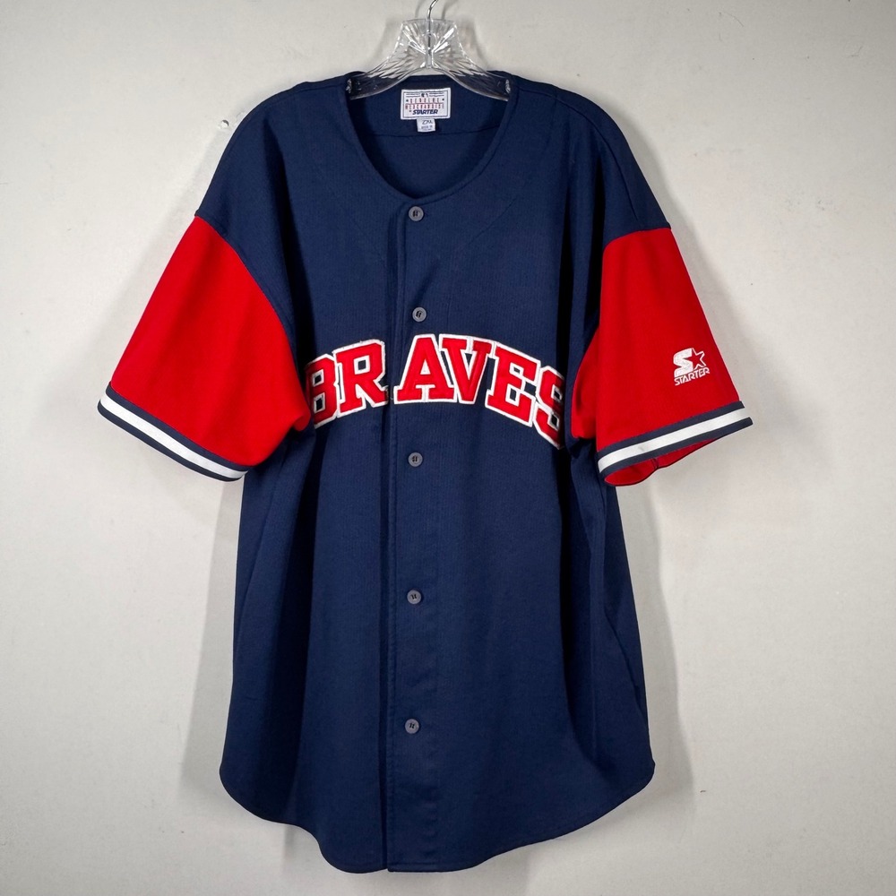 Vintage Starter Atlanta Braves MLB Baseball Jersey Navy Red Mens 2XL Button Up